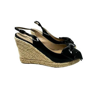 Valentino Garavani size 7 37 Espadrille Wedge Black patent leather sandal w/box